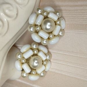 Vintage 60s White Faux Pearl Cluster Beaded Earrings Mid Century Wedding Bridal